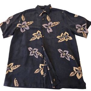 Firethorn Mens Floral 100% Silk Short Sleeve Hawaiian Shirt Black Medium